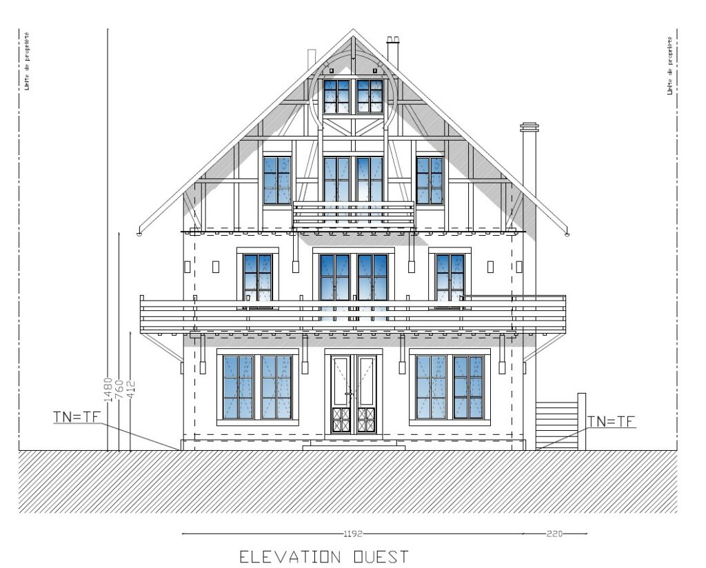 Plans architecture de rénovation d'un chalet. vue élévation facade avant