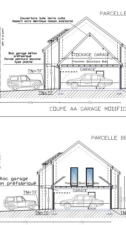Extension d'un garage avec une toiture aménagée en terrasse. vue de coupe